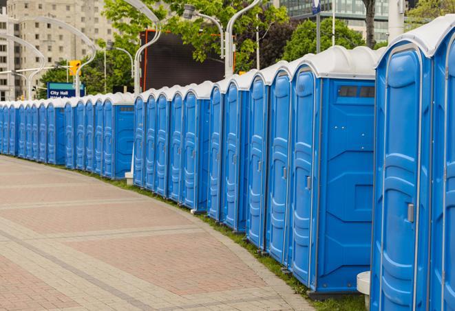 Seasonal porta potty units set up at a Elk Grove Village, Illinois venue